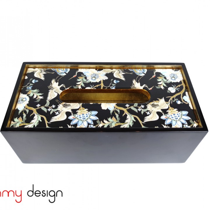 Black tissue box with crane pattern with 2 edges inside 24*12*9 cm